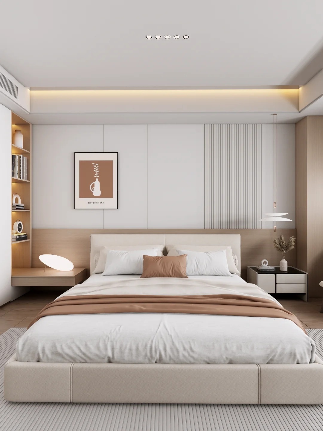 Painéis NECOWOOD WPC criam quarto principal aconchegante e moderno em estilo madeira