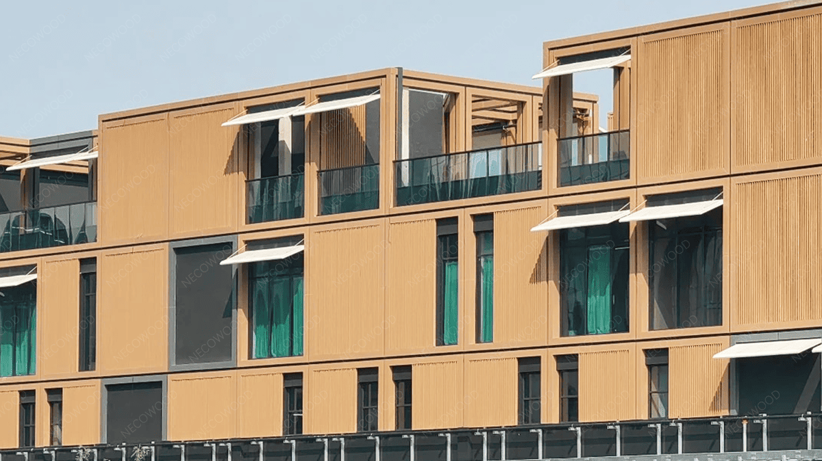 Modern interior with warm oak WPC wall panels, matte finish, and 3D deep grain texture