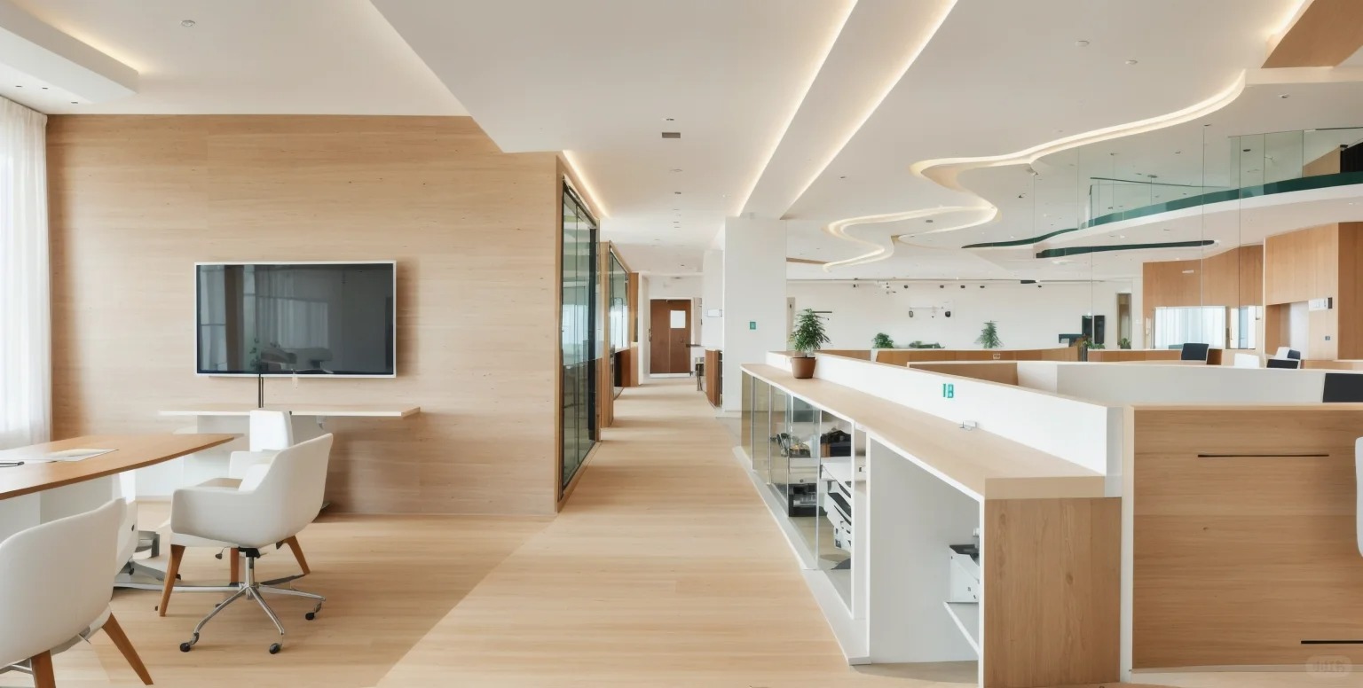 Office corridor curved space NECOWOOD carbon crystal wall panel + glass partition side wall cladding, commercial long passage decoration